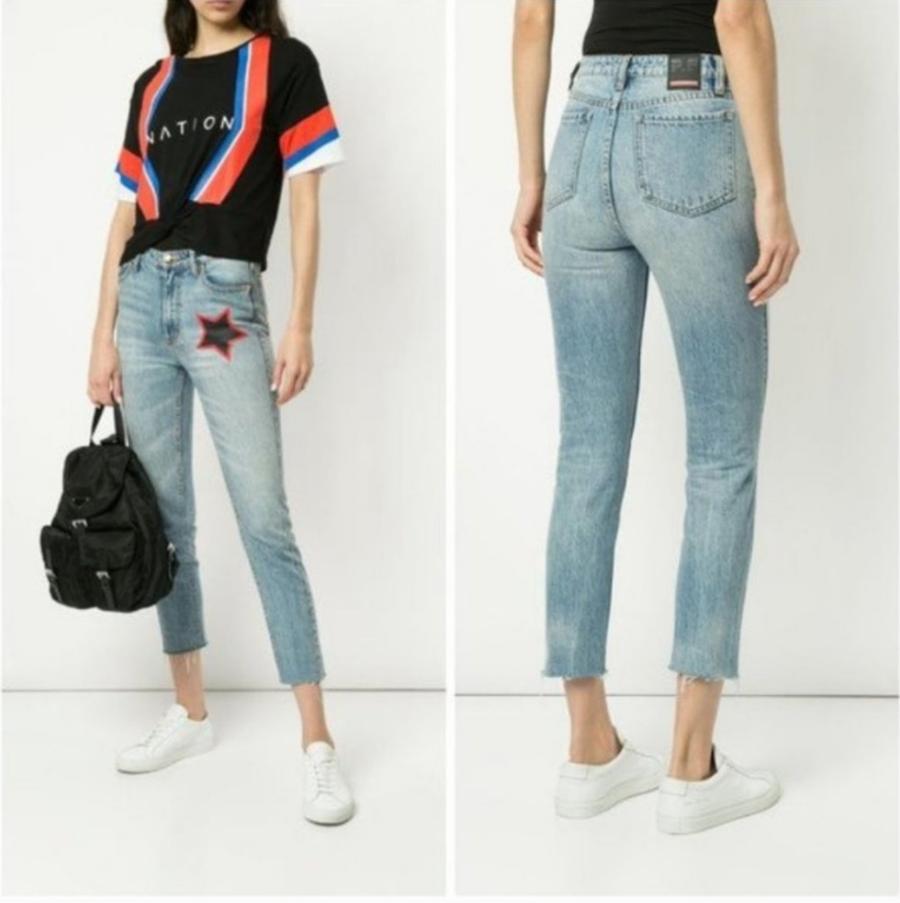NEW P.E. NATION MILLER HIGH RISE CROPPED RAW HEM NOVELTY STAR JEANS SIZE…